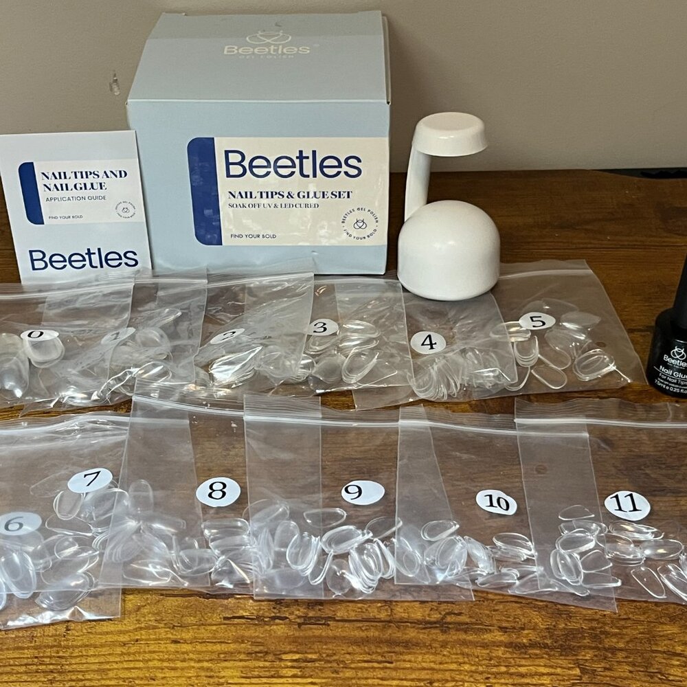 Beetles Nail Tips and Glue Set with Mini UV Lamp for Fast Drying, USB Charger